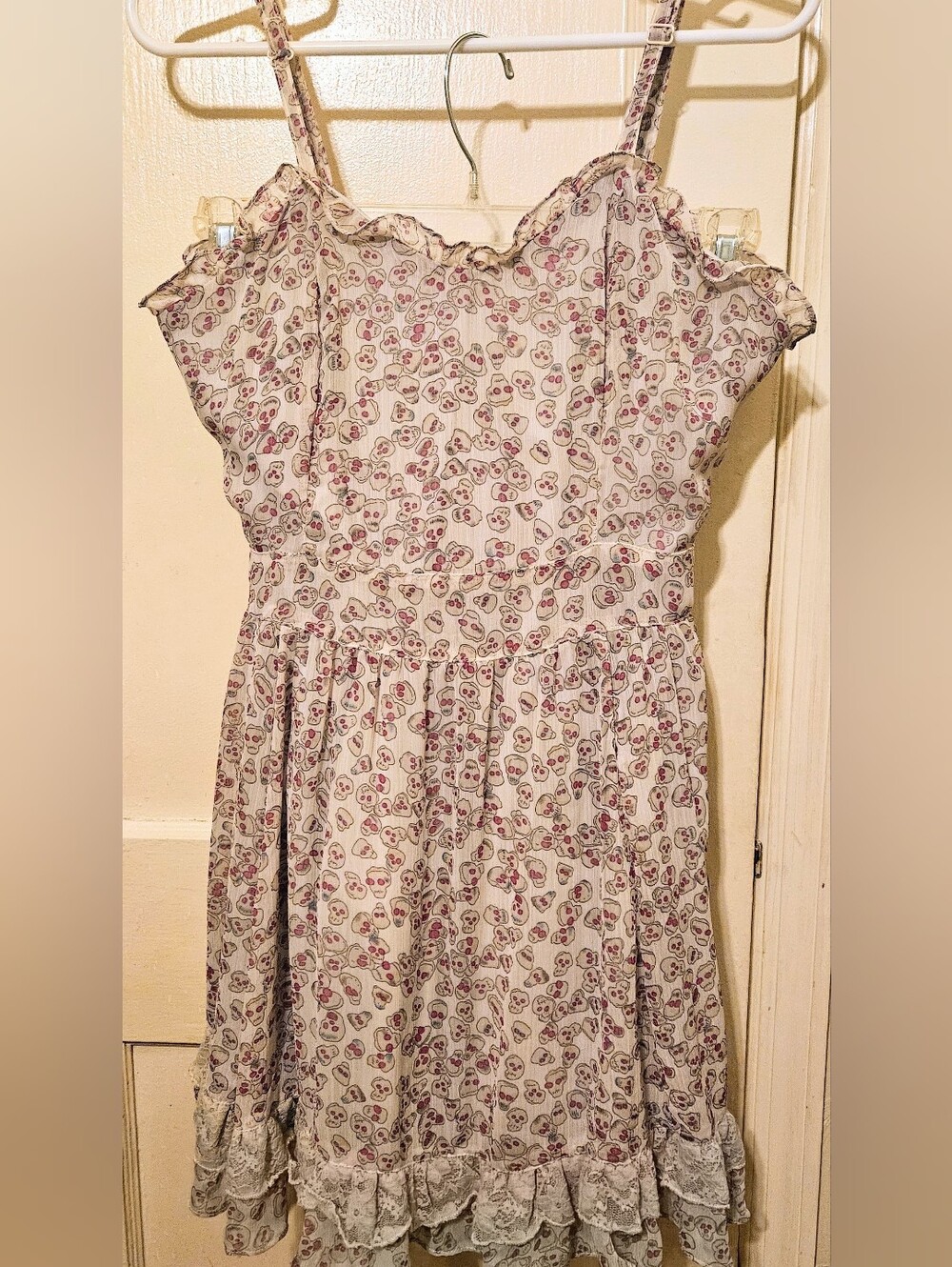 Vintage Y2K Tripp NYC Daang Goodman Pink Ruffle Skull Print Babydoll Dress XL